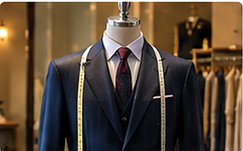 Illustrative display of a tailored men's suit with measuring tape